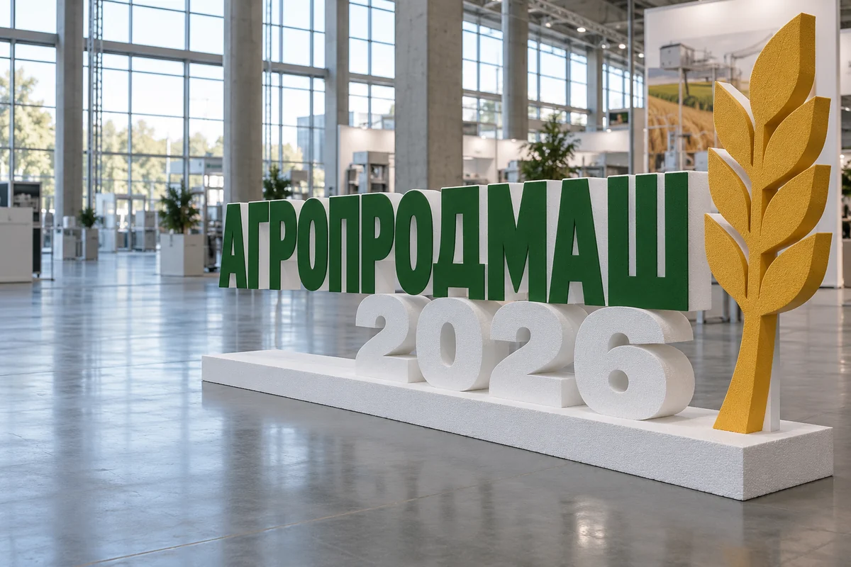 Пример возможного исполнения: надпись «Агропродмаш-2026» и колос из пенопласта внутри выставочного зала