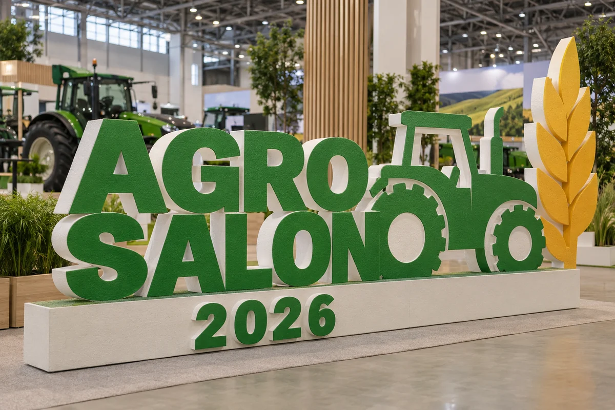 Пример возможного исполнения: AGROSALON 2026, объёмные буквы и тематический декор из пенопласта внутри выставочного зала