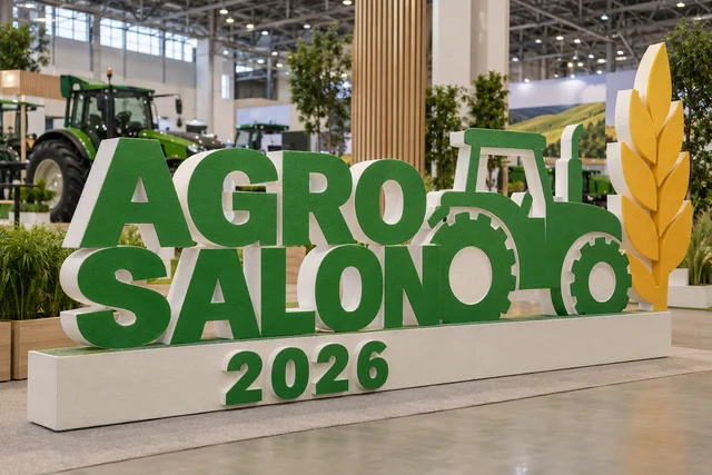 Пример возможного исполнения: AGROSALON 2026, объёмные буквы и тематический декор из пенопласта внутри выставочного зала
