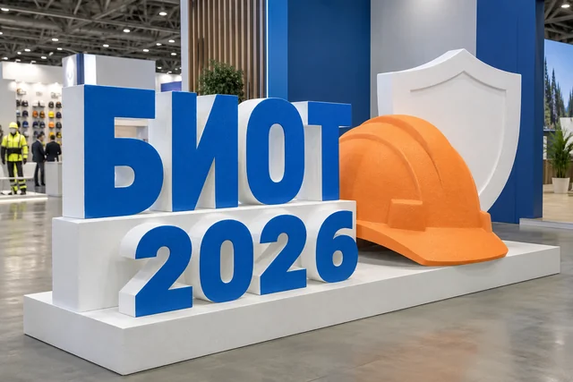 Пример возможного исполнения: БИОТ 2026, объёмные буквы и тематический декор из пенопласта внутри выставочного зала