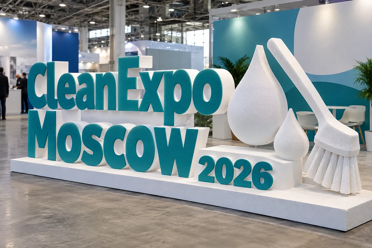 Пример возможного исполнения: CleanExpo Moscow 2026, объёмные буквы и тематический декор из пенопласта внутри выставочного зала
