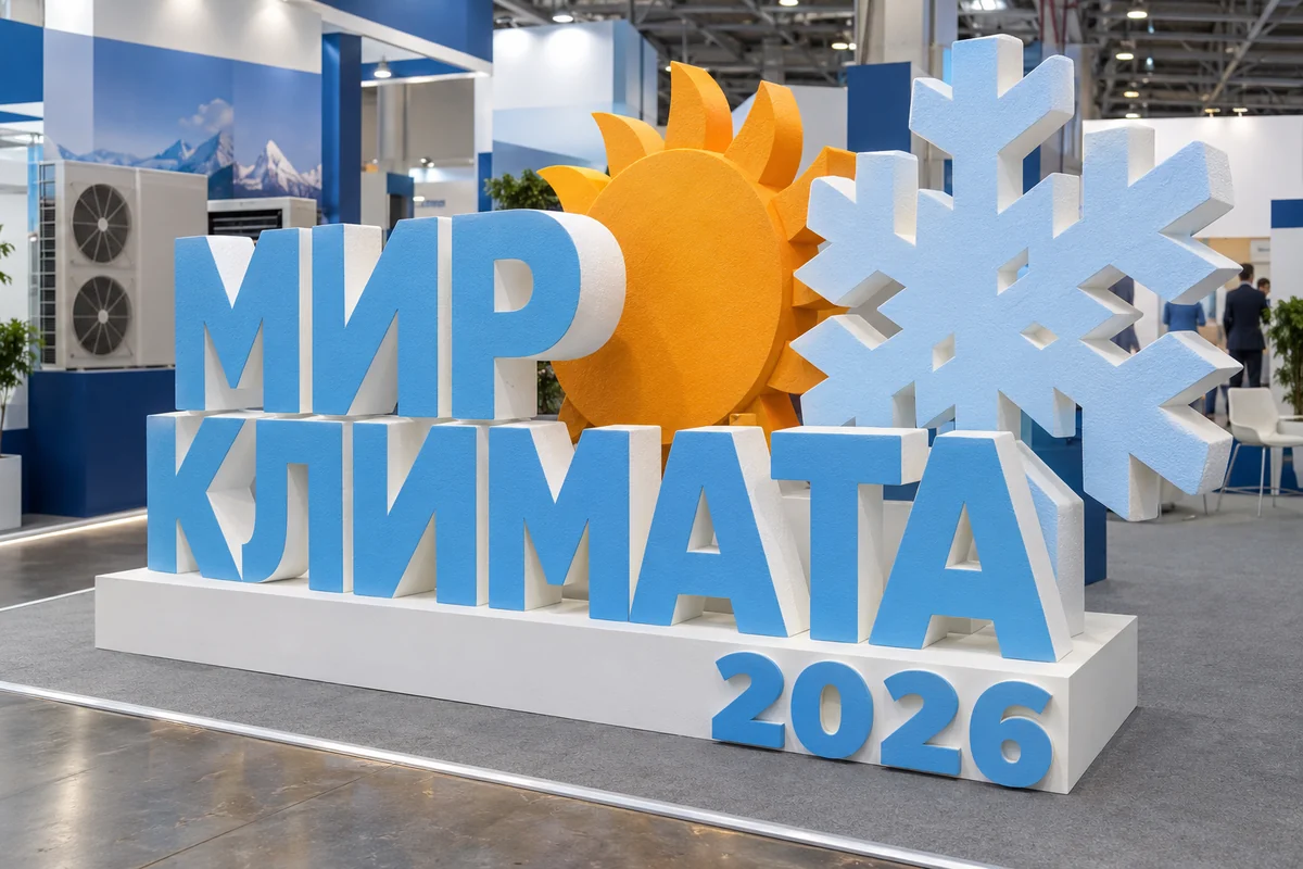 Пример возможного исполнения: Мир Климата 2026, объёмные буквы и тематический декор из пенопласта внутри выставочного зала