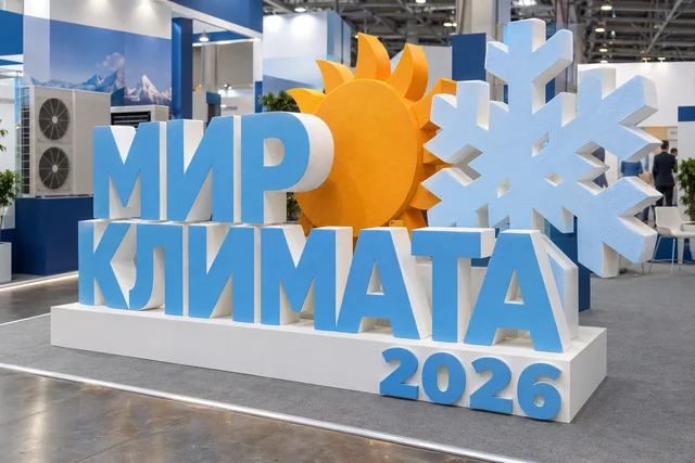 Пример возможного исполнения: Мир Климата 2026, объёмные буквы и тематический декор из пенопласта внутри выставочного зала