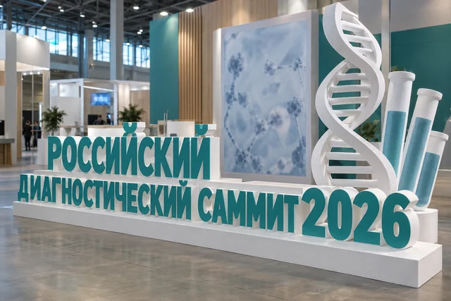 Пример возможного исполнения: Российский диагностический саммит 2026, объёмные буквы и тематический декор из пенопласта внутри выставочного зала
