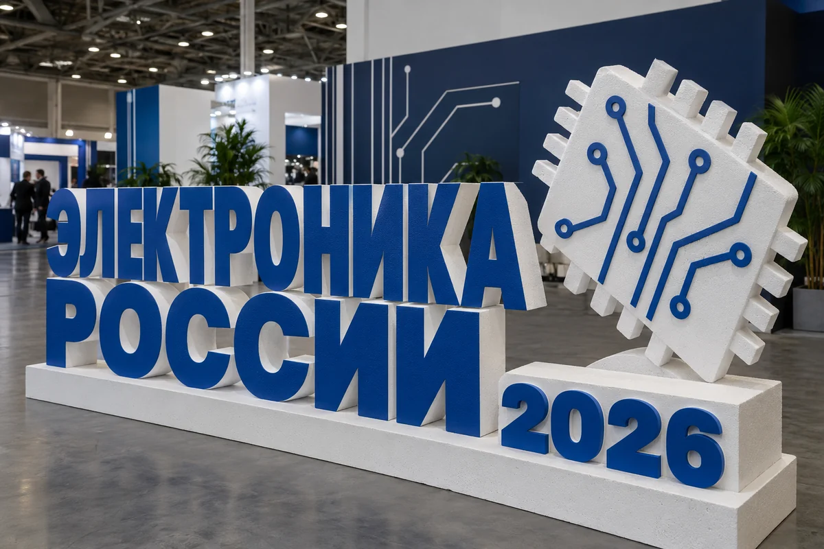 Пример возможного исполнения: Электроника России 2026, объёмные буквы и тематический декор из пенопласта внутри выставочного зала