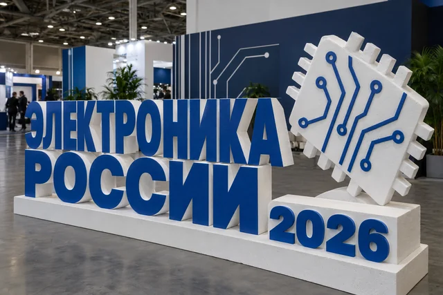 Пример возможного исполнения: Электроника России 2026, объёмные буквы и тематический декор из пенопласта внутри выставочного зала