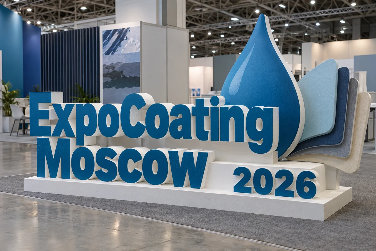 Пример возможного исполнения: ExpoCoating Moscow 2026, объёмные буквы и тематический декор из пенопласта внутри выставочного зала