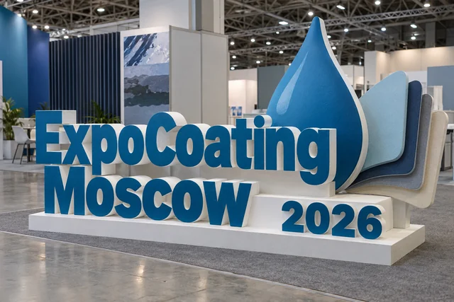 Пример возможного исполнения: ExpoCoating Moscow 2026, объёмные буквы и тематический декор из пенопласта внутри выставочного зала