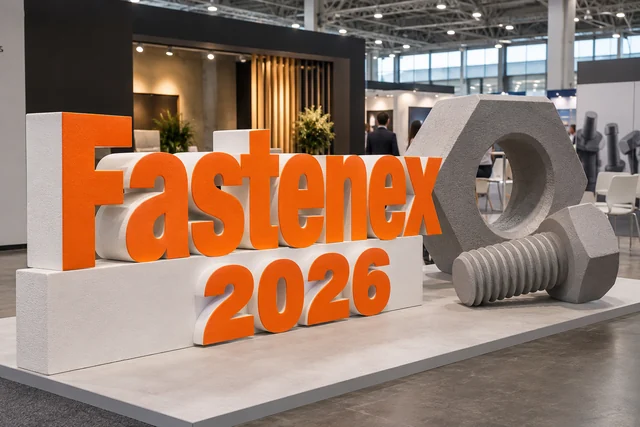 Пример возможного исполнения: Fastenex 2026, объёмные буквы и тематический декор из пенопласта внутри выставочного зала