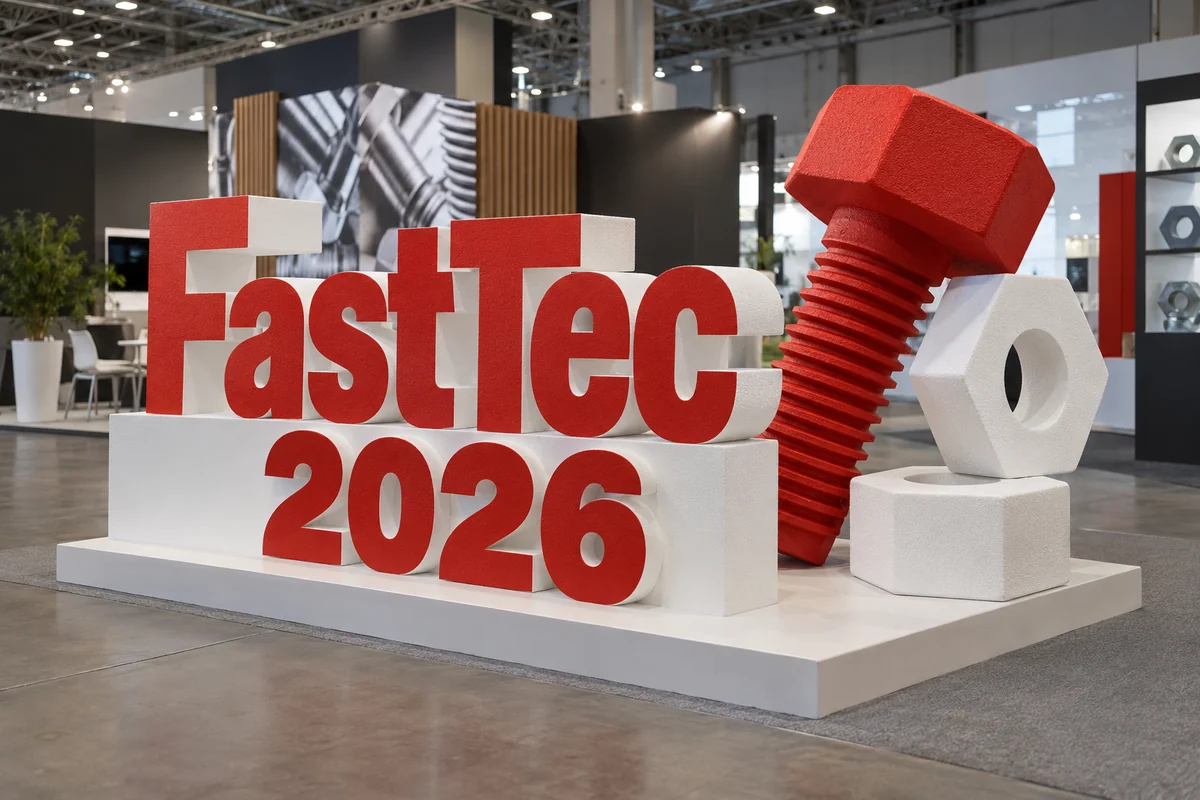 Пример возможного исполнения: FastTec 2026, объёмные буквы и тематический декор из пенопласта внутри выставочного зала