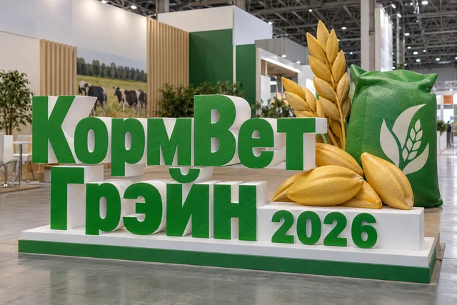 Пример возможного исполнения: КормВетГрэйн 2026, объёмные буквы и тематический декор из пенопласта внутри выставочного зала