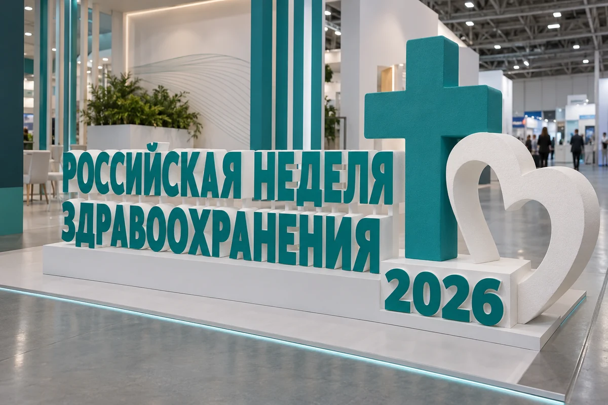 Пример возможного исполнения: Российская неделя здравоохранения 2026, объёмные буквы и тематический декор из пенопласта внутри выставочного зала
