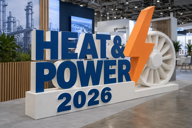 Пример возможного исполнения: HEAT&POWER 2026, объёмные буквы и тематический декор из пенопласта внутри выставочного зала