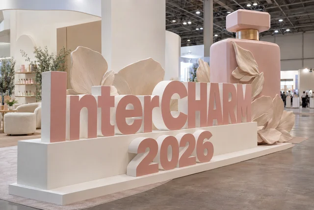 Пример возможного исполнения: InterCHARM 2026, объёмные буквы и тематический декор из пенопласта внутри выставочного зала