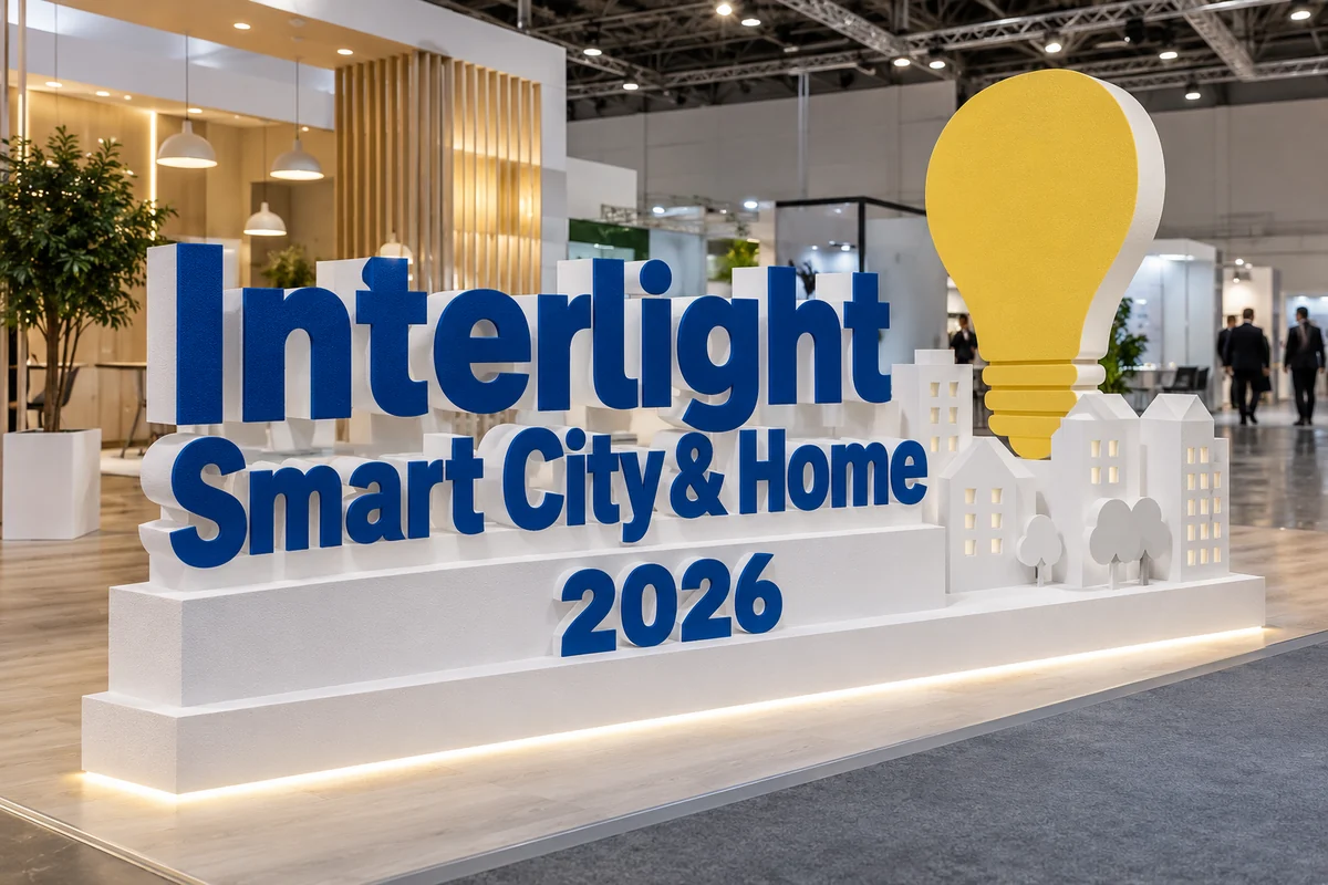 Пример возможного исполнения: Interlight | Smart City & Home 2026, объёмные буквы и тематический декор из пенопласта внутри выставочного зала