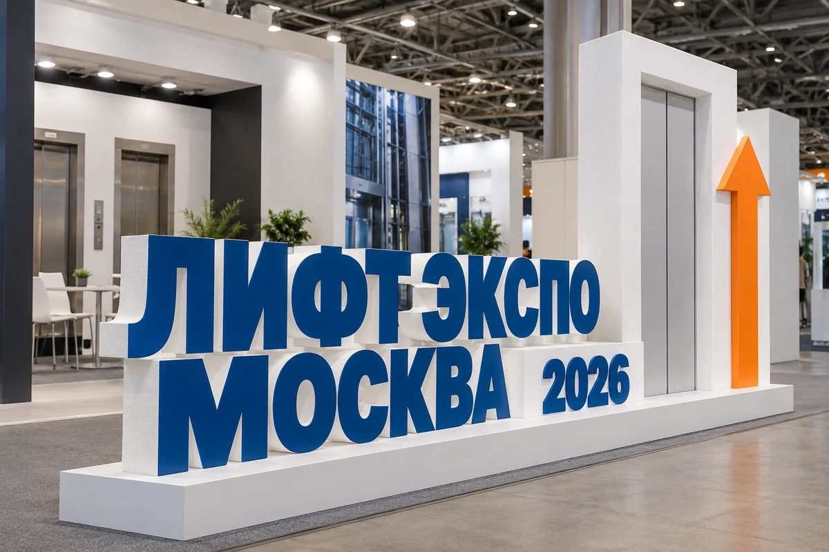 Пример возможного исполнения: Лифт Экспо. Москва 2026, объёмные буквы и тематический декор из пенопласта внутри выставочного зала