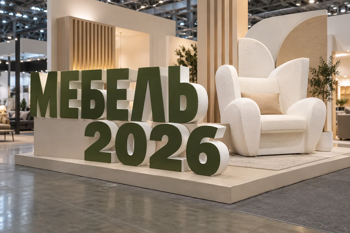 Пример возможного исполнения: МЕБЕЛЬ-2026, объёмные буквы и тематический декор из пенопласта внутри выставочного зала