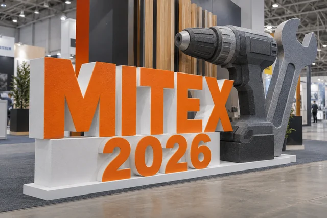 Пример возможного исполнения: MITEX 2026, объёмные буквы и тематический декор из пенопласта внутри выставочного зала