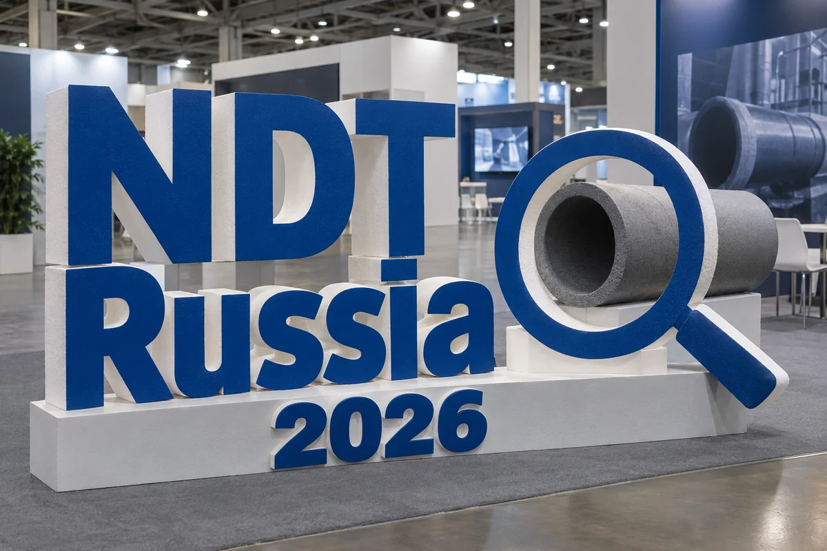 Пример возможного исполнения: NDT Russia 2026, объёмные буквы и тематический декор из пенопласта внутри выставочного зала