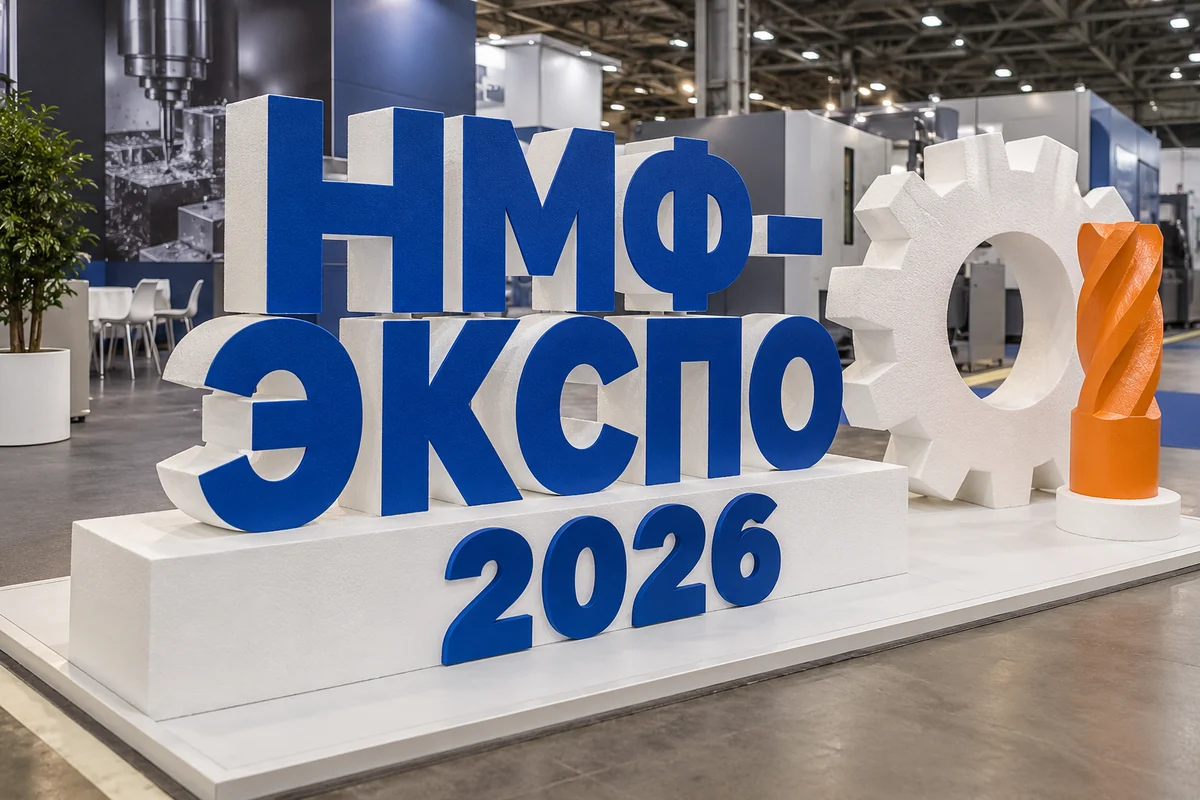 Пример возможного исполнения: НМФ-ЭКСПО 2026, объёмные буквы и тематический декор из пенопласта внутри выставочного зала