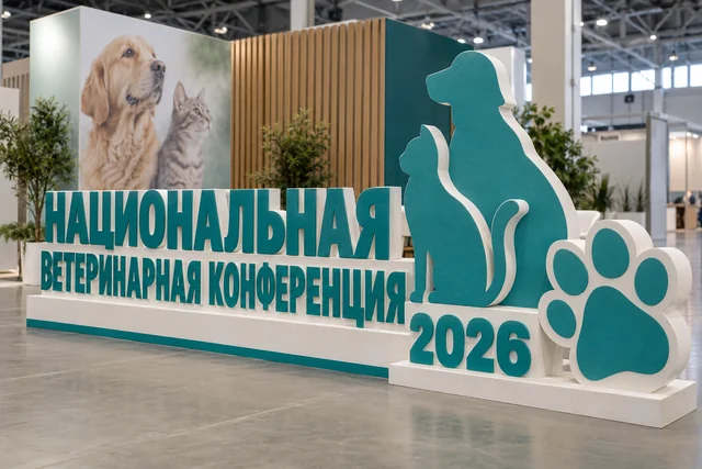Пример возможного исполнения: Национальная ветеринарная конференция 2026, объёмные буквы и тематический декор из пенопласта внутри выставочного зала