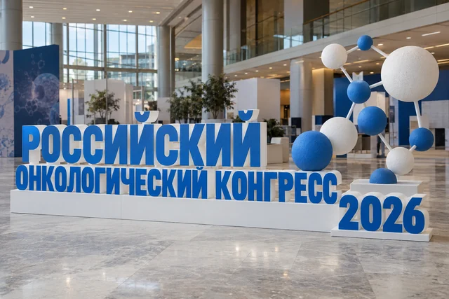 Пример возможного исполнения: Российский онкологический конгресс 2026, объёмные буквы и тематический декор из пенопласта внутри выставочного зала