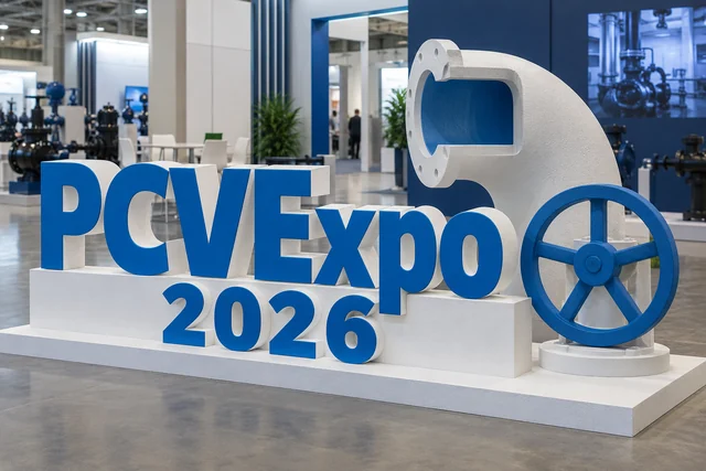 Пример возможного исполнения: PCVExpo 2026, объёмные буквы и тематический декор из пенопласта внутри выставочного зала