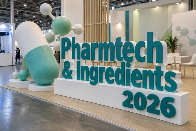 Пример возможного исполнения: Pharmtech & Ingredients 2026, объёмные буквы и тематический декор из пенопласта внутри выставочного зала