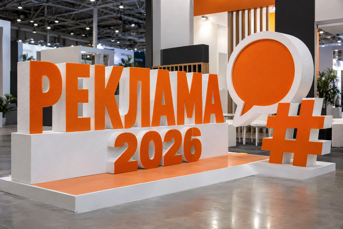 Пример возможного исполнения: РЕКЛАМА-2026, объёмные буквы и тематический декор из пенопласта внутри выставочного зала