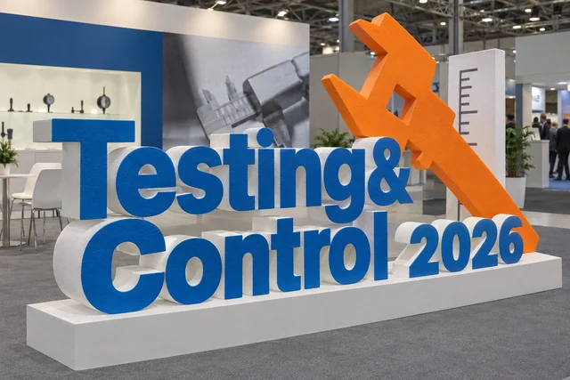 Пример возможного исполнения: Testing&Control 2026, объёмные буквы и тематический декор из пенопласта внутри выставочного зала