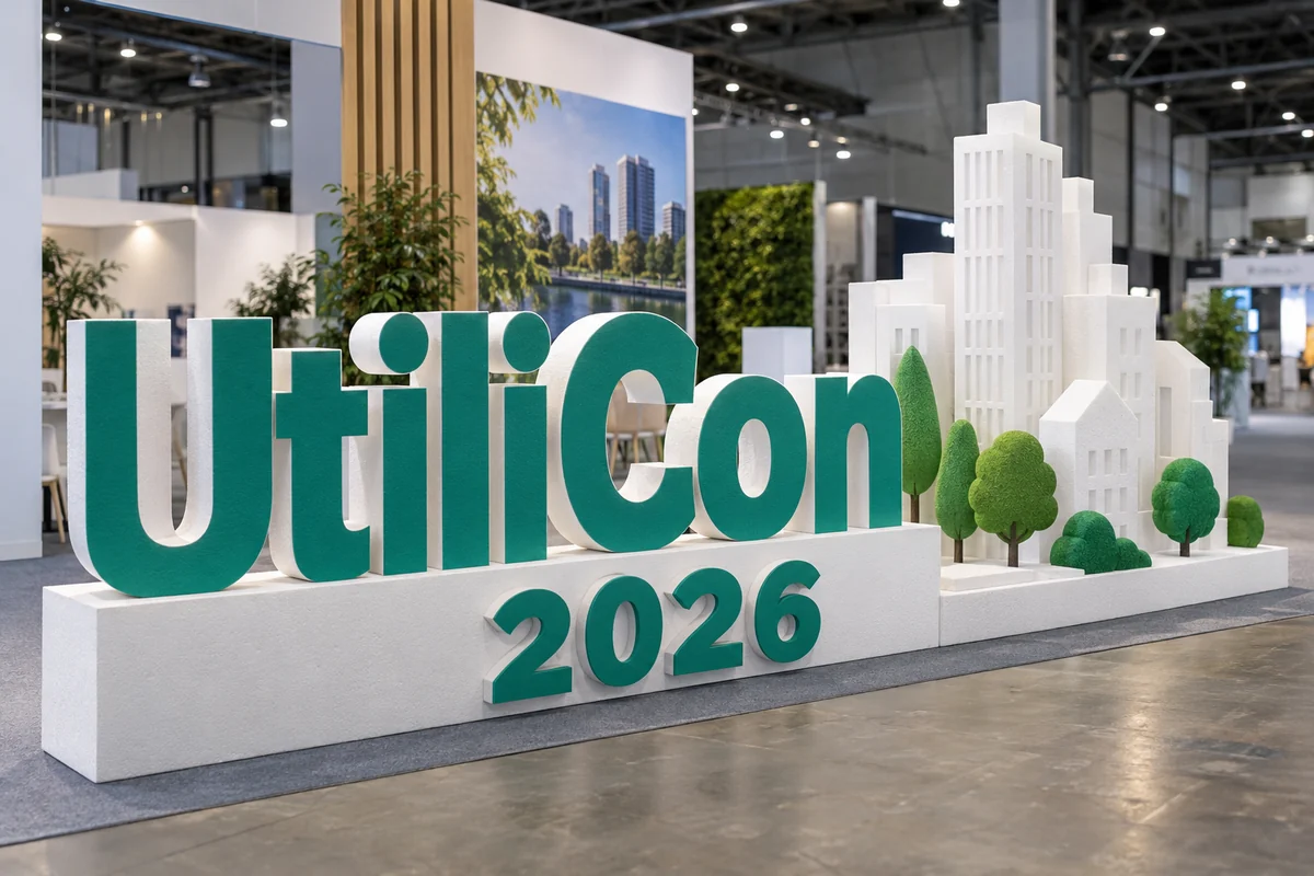 Пример возможного исполнения: UtiliCon 2026, объёмные буквы и тематический декор из пенопласта внутри выставочного зала