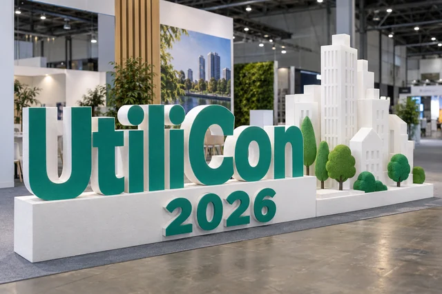 Пример возможного исполнения: UtiliCon 2026, объёмные буквы и тематический декор из пенопласта внутри выставочного зала