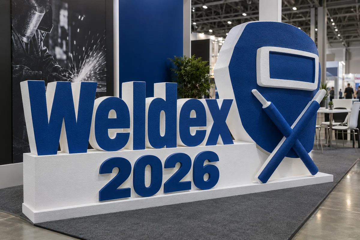 Пример возможного исполнения: Weldex 2026, объёмные буквы и тематический декор из пенопласта внутри выставочного зала