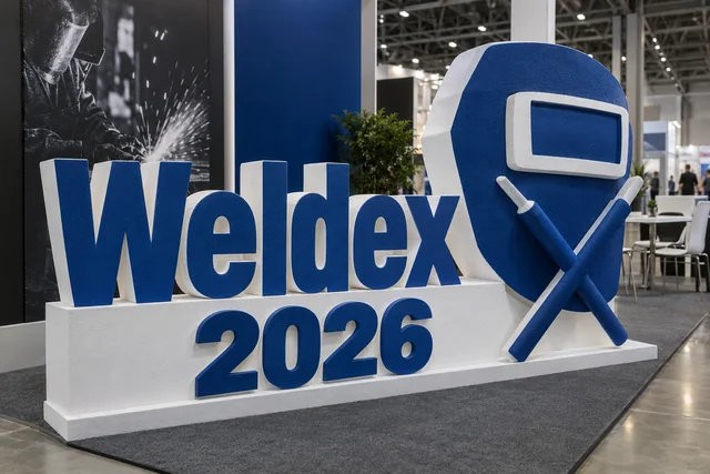 Пример возможного исполнения: Weldex 2026, объёмные буквы и тематический декор из пенопласта внутри выставочного зала