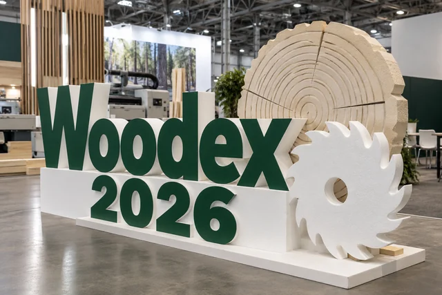 Пример возможного исполнения: Woodex 2026, объёмные буквы и тематический декор из пенопласта внутри выставочного зала